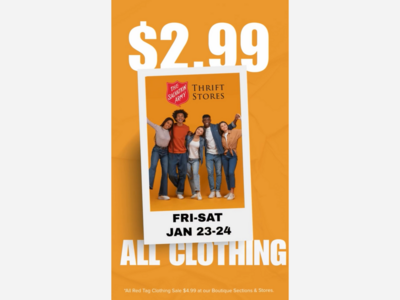 Salvation Army $2.99/$4.99 All Clothing 1/23 & 1/24 