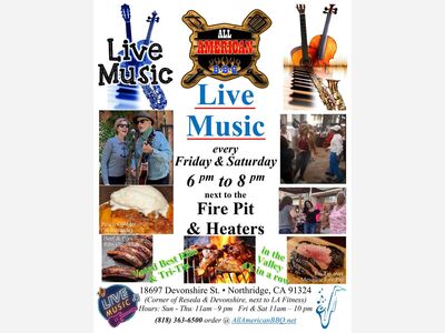 Sat Free Live Music @ All American BBQ Voted BEST Ribs Smoked (Beef & Baby Back) & Tri-Tip in the Valley next to the Fire Pit & Heaters [edit]
