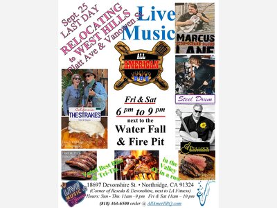 Sat Free Live Music @ All American BBQ Voted BEST Ribs Smoked (Beef & Baby Back) & Tri-Tip in the Valley next to Misters & Water Fall 