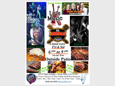 Sat Free Live Music @ All American BBQ Voted BEST Ribs Smoked (Beef & Baby Back) & Tri-Tip in Valley